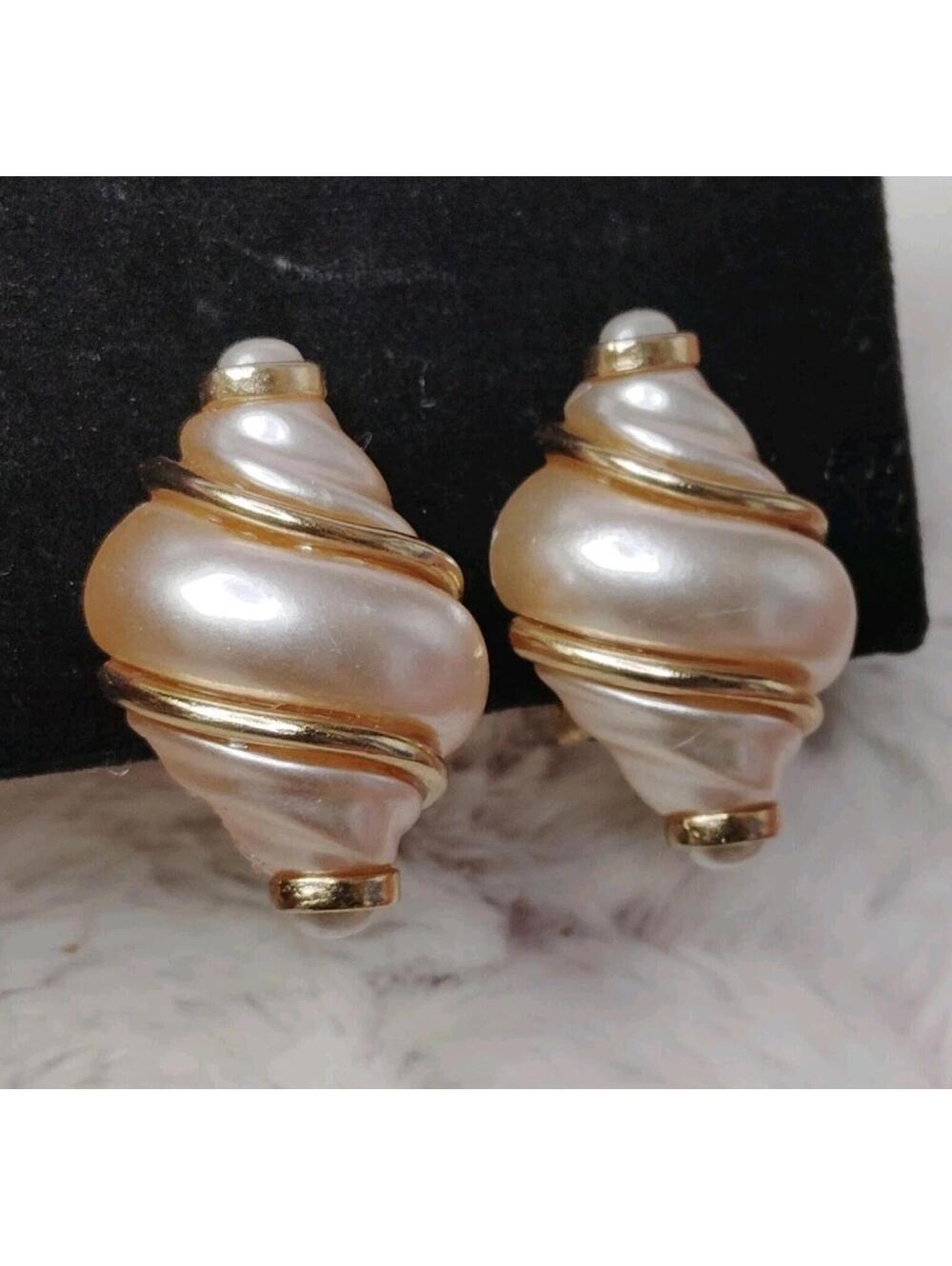 Vintage Kenneth Jay Lane Cream Shell Gold Tone Clip Earrings Signed